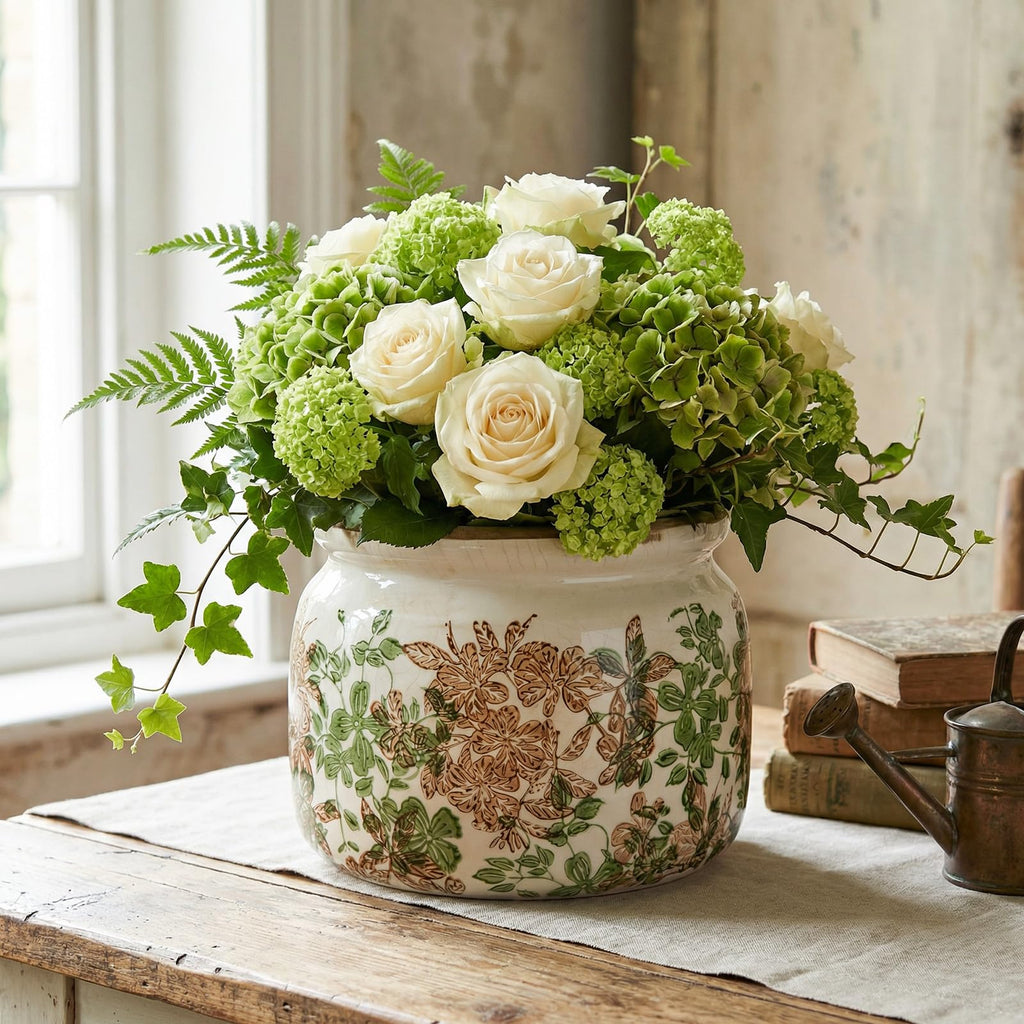 7.7" Large Ceramic Plant Pot Pink Green Vintage Hibiscus Crackle Glaze Rustic Flowers Pot Decorative Planter with