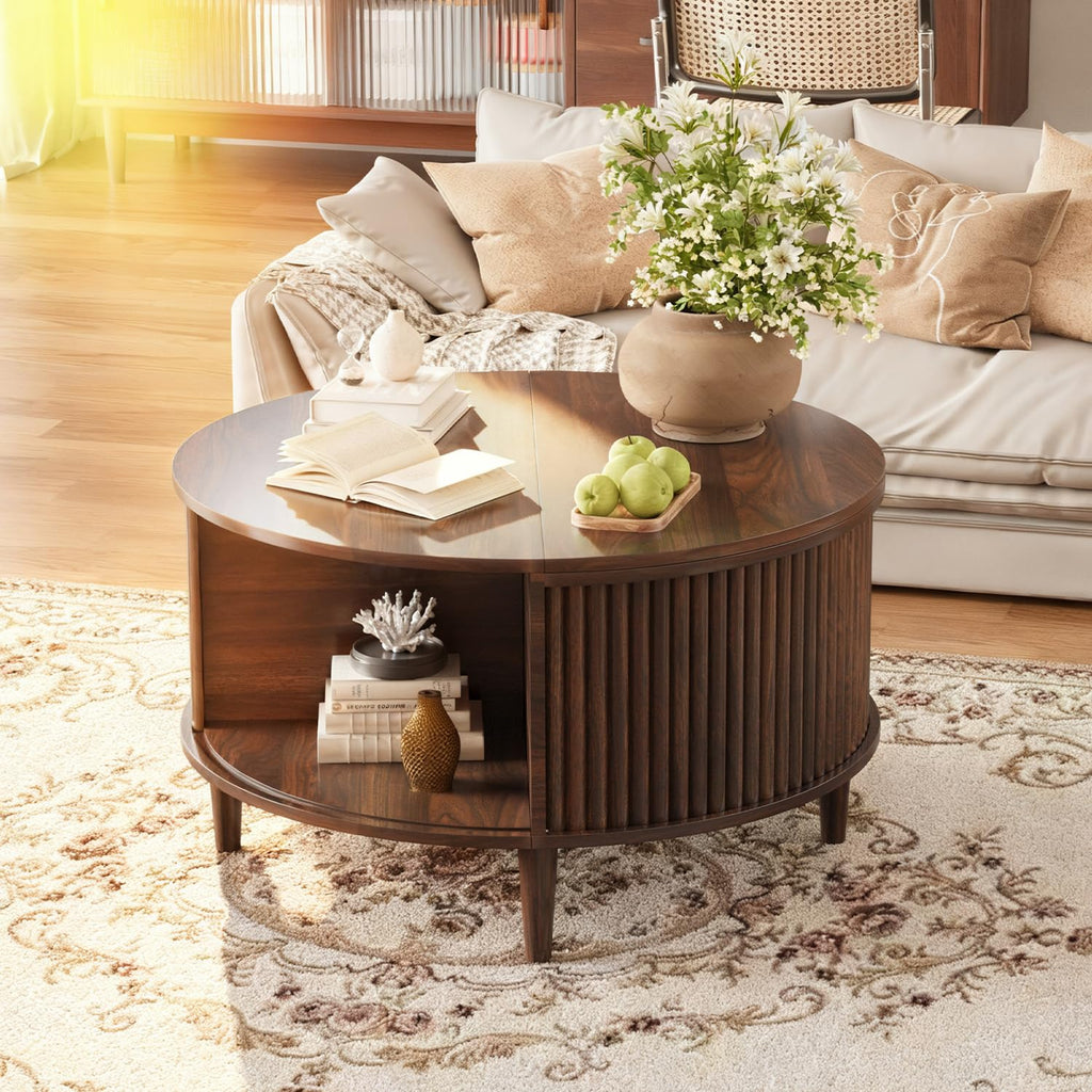 Lift Top with Storage, Fluted Round Center Table with Sliding Cabinet Door, Small Circle Table, Walnut