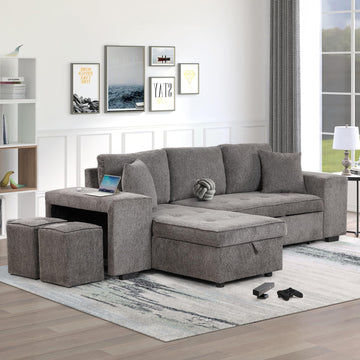 104.5 inch Reversible Sleeper Sectional Sofa with Pull Out Bed, Convertible L Shaped Sectional Couch with Storage
