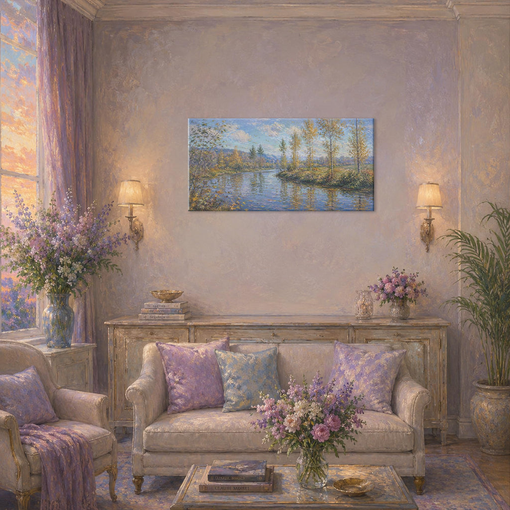 Impressionist River Landscape Canvas Wall Art, Fall Monet Art 24x48