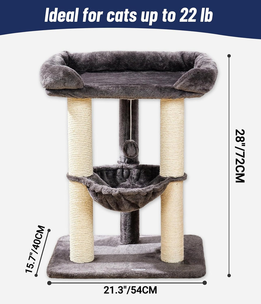 28" Cat Tree, Large Bed for Big Cats, Small Cat Tower with Soft Perch for Window Viewing, Stable Cat Tree Tower