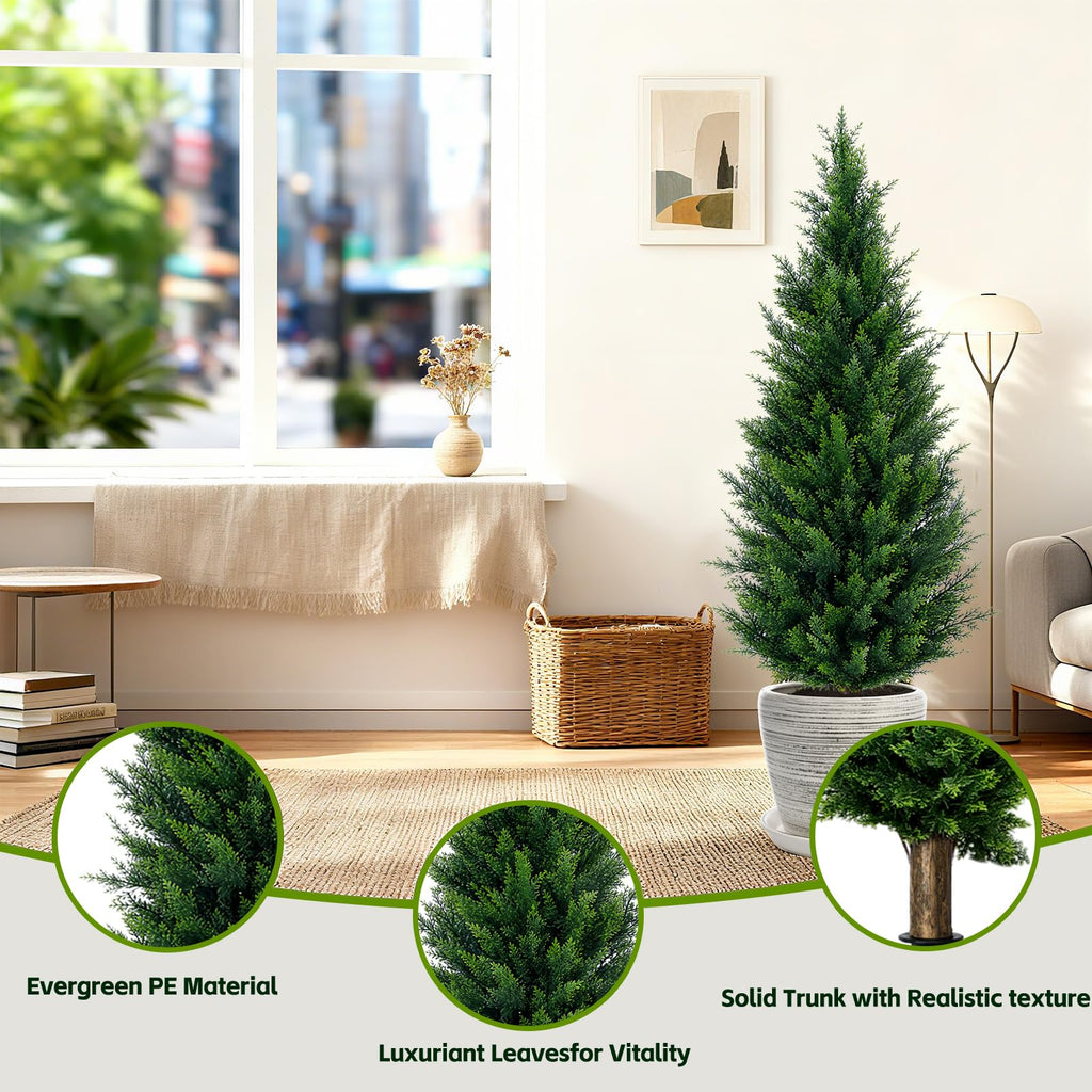 4Ft Artificial Cedar Topiary Trees (2-Pack) - UV Resistant Fake Shrubs with Ground Spike for Outdoor & Indoor Use