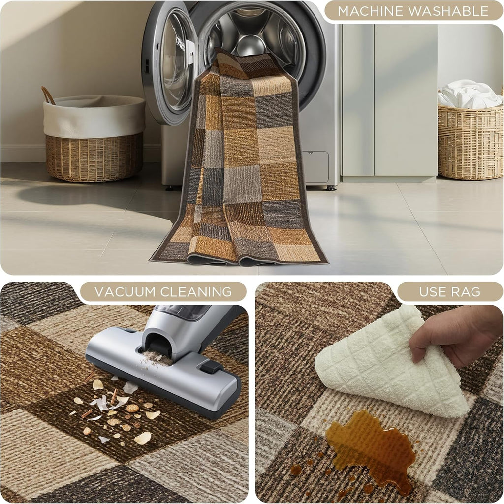 Checkered 8x10 Living Room Area Rugs, Brown Beige Light Gray