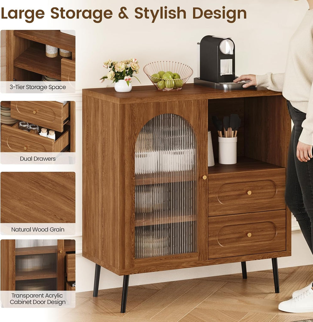 Wood Sideboard Cabinet - Slim Buffet Cabinet with Storage & Drawers | Modern Coffee Bar Cabinet, Small Narrow Accent