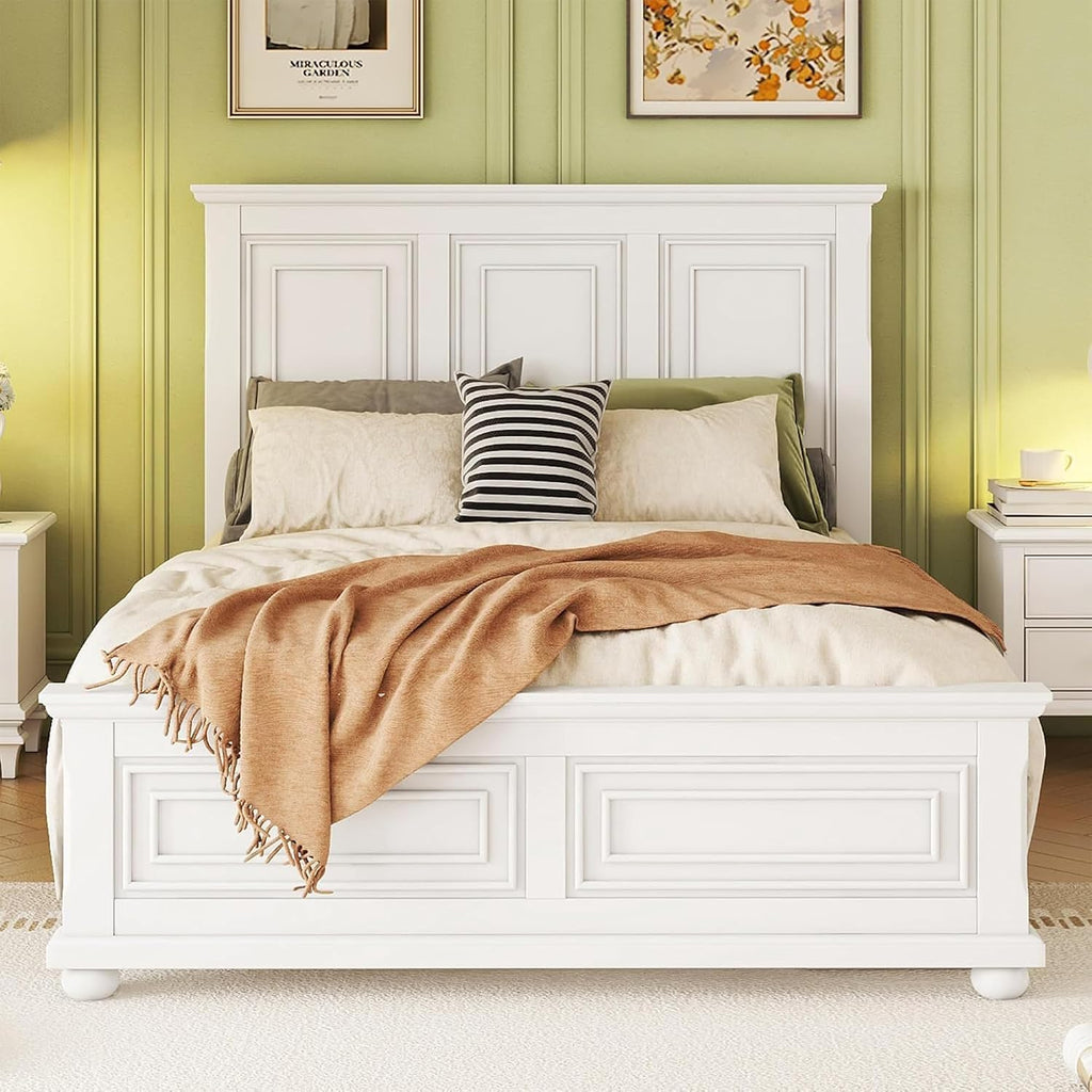 Farmhouse Queen Bed Frame with Tall Headboard and Footboard, White Wood Bed Frames Queen with Under Bed Storage