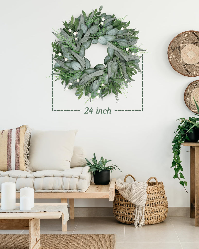 24 Inch Summer Wreath for Front Door, Artificial Outdoor Eucalyptus Wreath, Spring Green Wreaths for Front Door