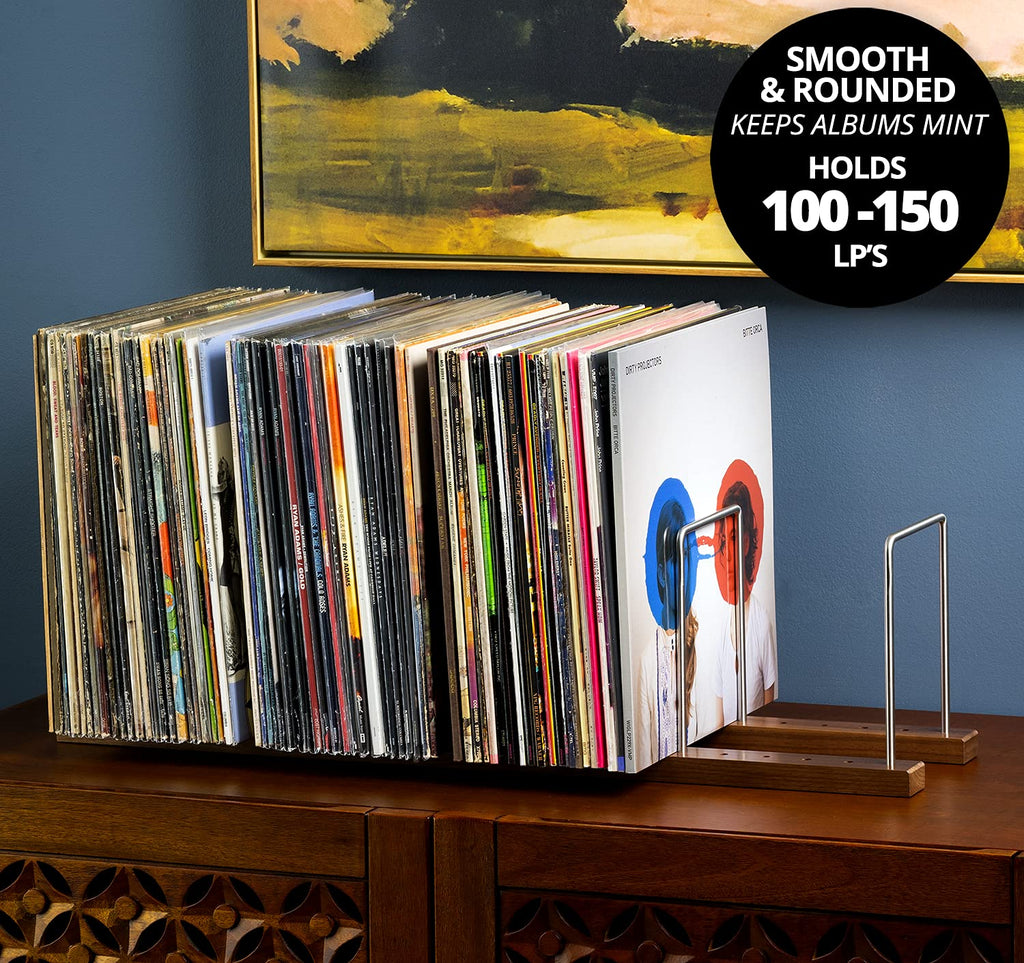 Extended Vinyl Record Storage, 100-150 LP, Solid Walnut Base