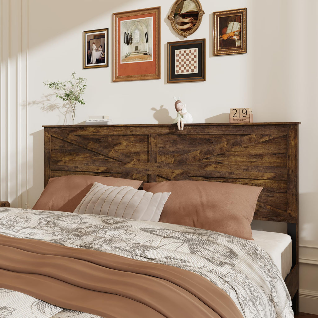 Wood Bed Frame with Farmhouse Headboard, Brown