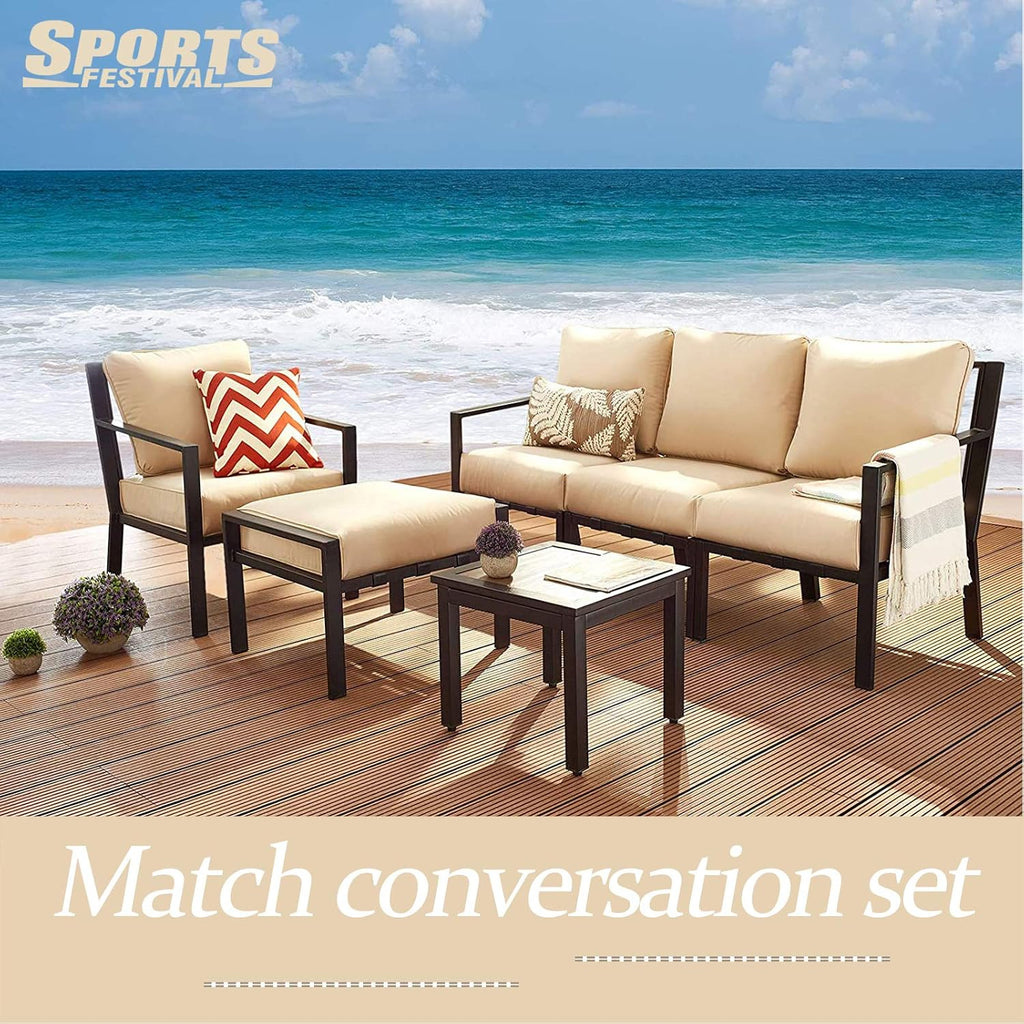 Ottoman Metal Footstool with Soft Thick Cushion Small Seat Outdoor Furniture for Garden Yard Deck, Beige