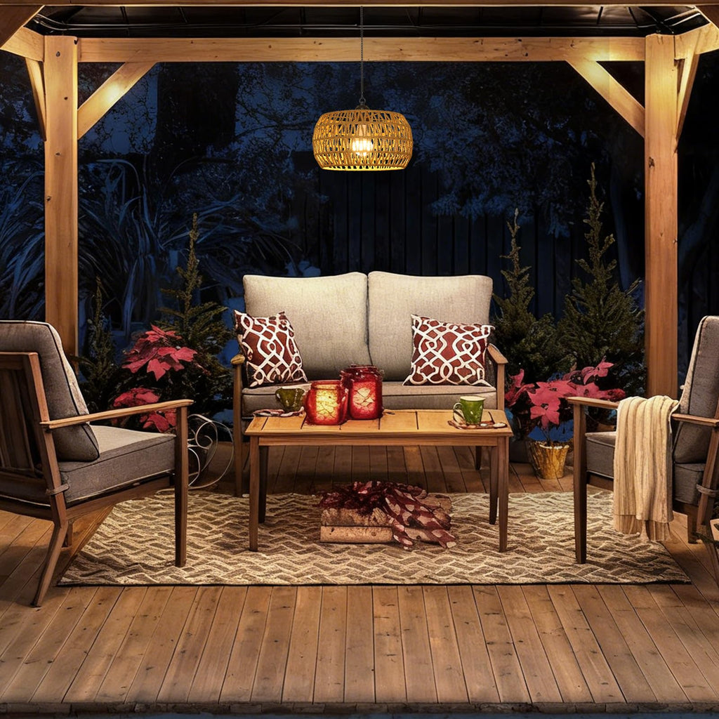 Battery Operated Chandelier with Remote, 11.8" Rattan Battery Powered Hanging Light for Porch, Rechargeable Outdoor