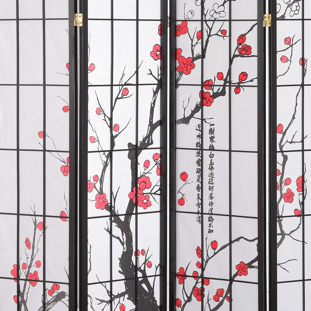 Black Japanese 4-Panel Screen Room Divider, Plum Blossom
