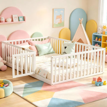 Toddler Floor Bed with Door&High Rails, White