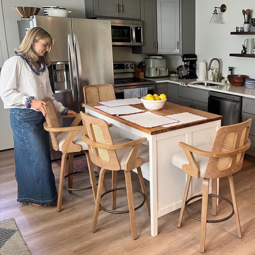 Swivel Counter Height Bar Stools, Walnut Counter Stools with Cane Back