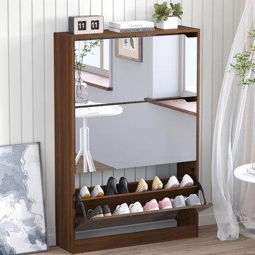 Shoe Cabinet with 3-Flip Mirror Drawers, Freestanding Shoe Rack Organizer with Hidden Handle, Slim Narrow Shoe