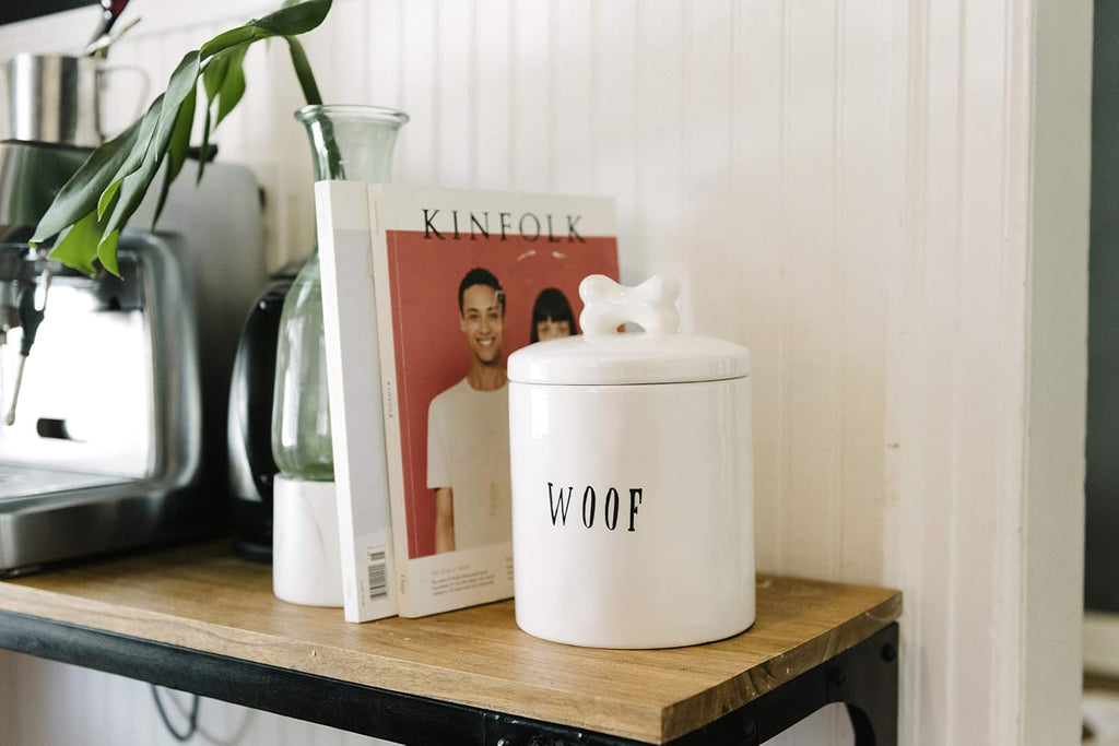 Ceramic Dog Treat Jar with Woof Message and Bone Handle Lid, White and Black