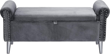 Storage Bench - Grey Velvet Bench with Storage 47" | Featuring Rolled Arms Decorative Nailhead Trim Safety Hinge