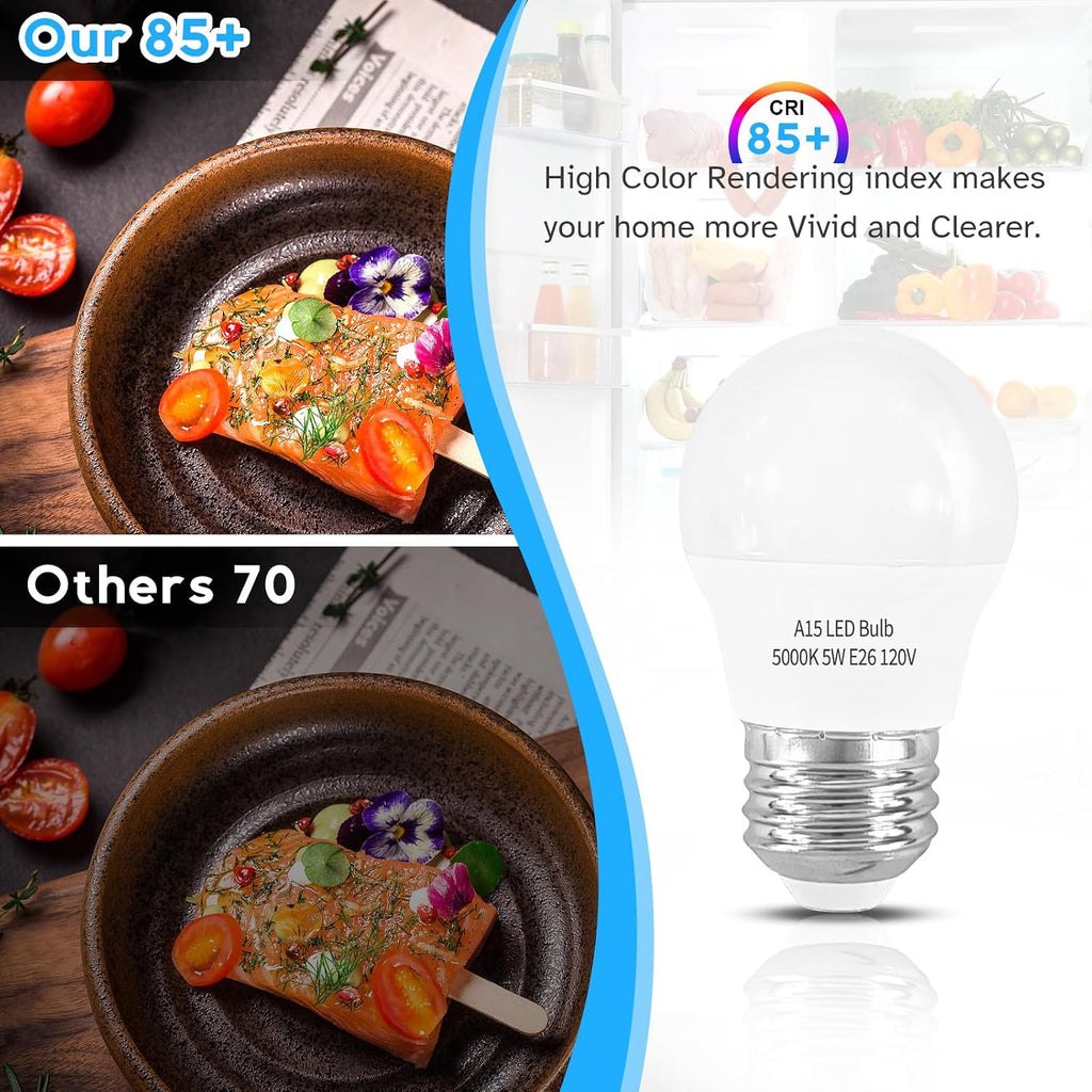 LED Refrigerator Light Bulb 2 Pack，Daylight White 5000K 120V 40W Equivalent Appliance Bulb，A15 5W E26 Base Waterproof