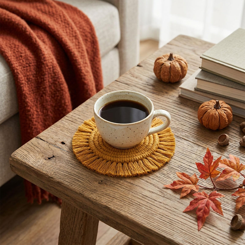 4 Pcs Fall Boho Macrame Coasters Handmade Woven Drink Coasters Autumn Thanksgiving Farmhouse Rustic Cup Mat Pad