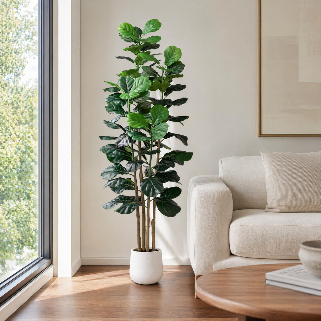 6FT Faux Fiddle Leaf Fig Tree with White Planter Pot, Fake Tree with 4 Trunks, Faux Floor Plant, Indoor and Outdoor
