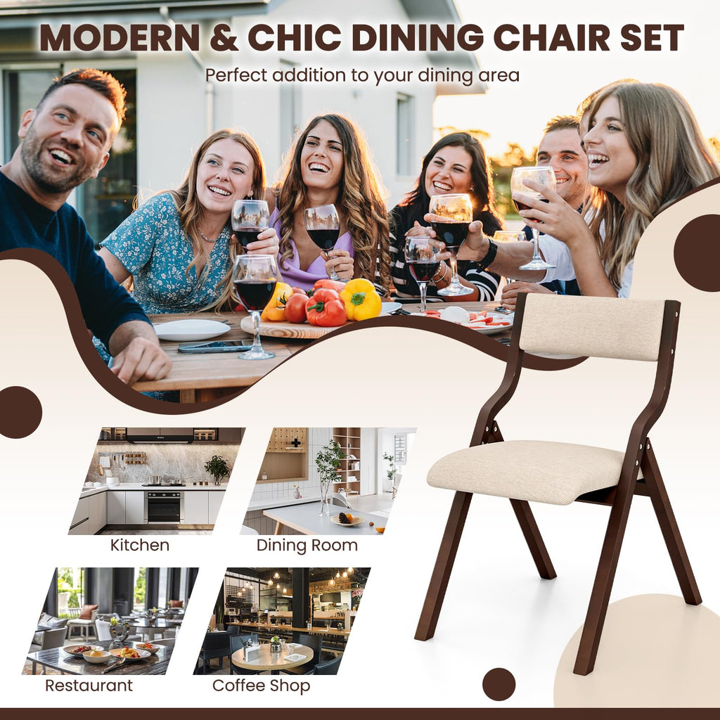 Folding Dining Chairs Set of 4, No Assembly Folding Chairs w/Linen Padded Seats, Wood Foldable Kitchen Chairs, Easy