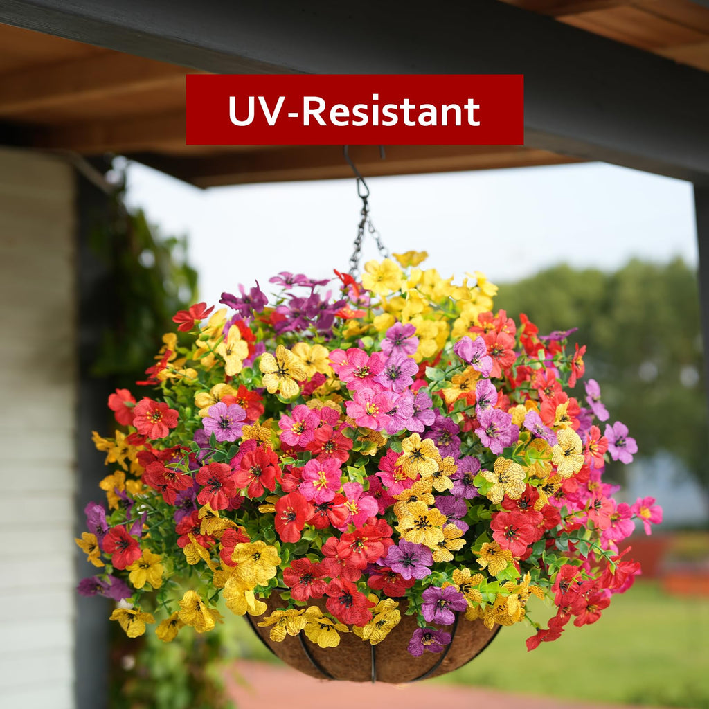 2 Set Artificial Flowers Faux Hanging Plants Basket for Spring Summer Outdoor Outside Decoration, Fake Silk UV Sun