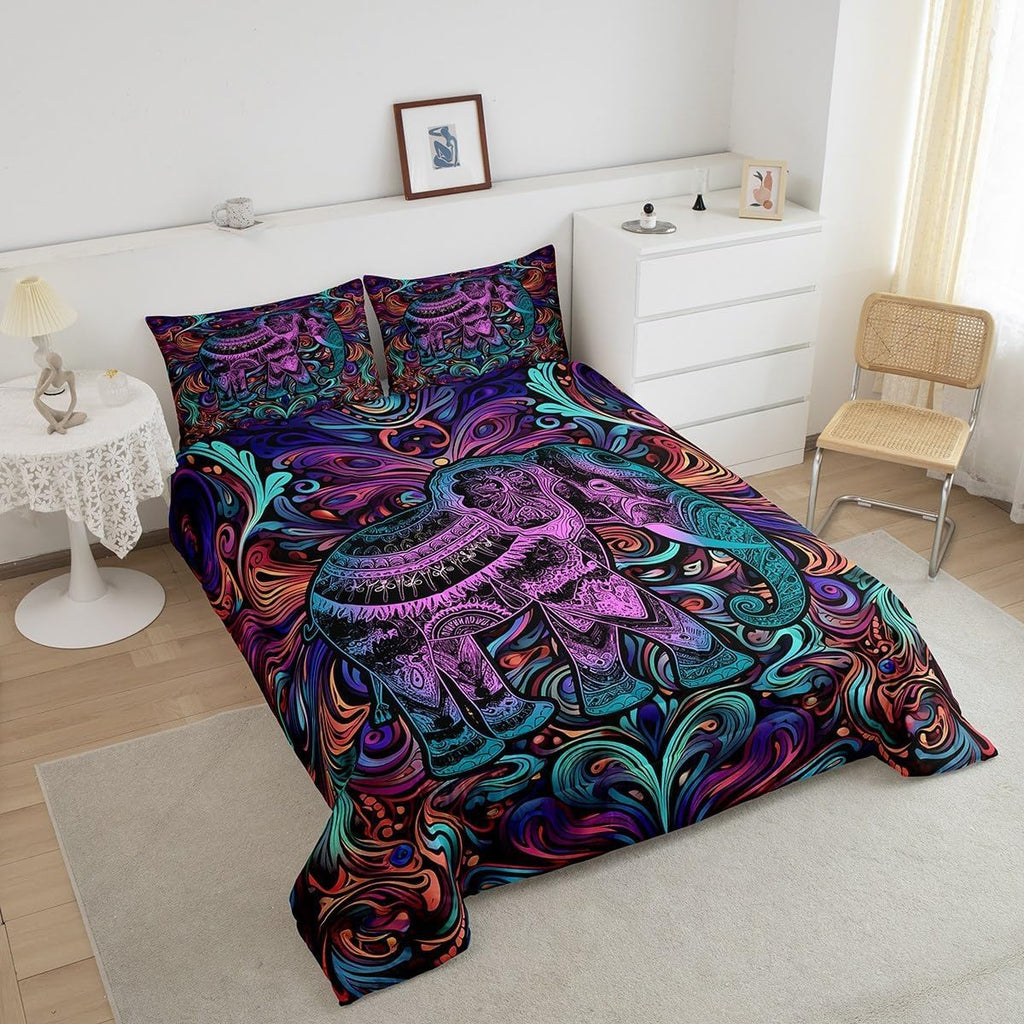 Elephant Comforter Set Full Size Safari Animal Bedding Set Neon Lines Bedding Comforter Sets Bohemian Paisley Duvet