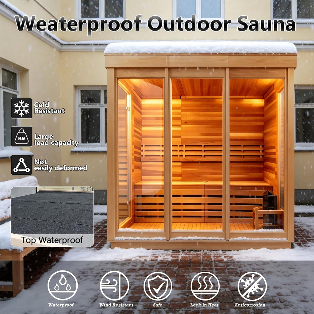 Outdoor 3-4 Person Steam Sauna, Canadian Red Cedar Sauna Room , Withstand Outdoor Temp 6KW ETL Heater 220V/195°F