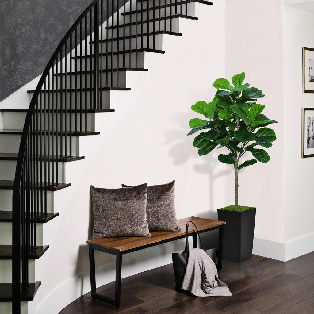 Fiddle Leaf Fig Tree Artificial 5FT - Faux Plant With Black Tall Planter - Fake Ficus Lyrata Floor Plant in Pot