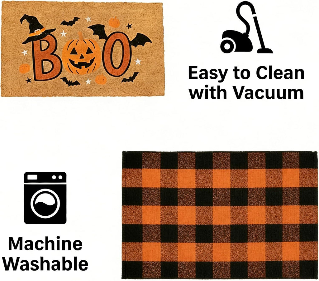 Halloween Layered Front Doormat Set, Boo! Natural Coco Coir Door Mat + 28"x43" Orange Black Buffalo Plaid Rug