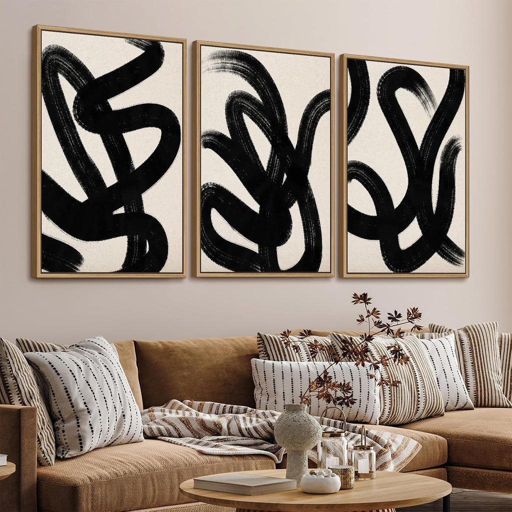 Framed Wall Art Canvas Set Abstract Lines Pictures Modern Mid Century Boho Wall Decor Minimalist Abstract Black