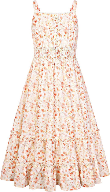 Girls Summer Floral Dress Kids Long Spring Easter Dresses Teens Button Front Straps Flower Hawaiian Sundress