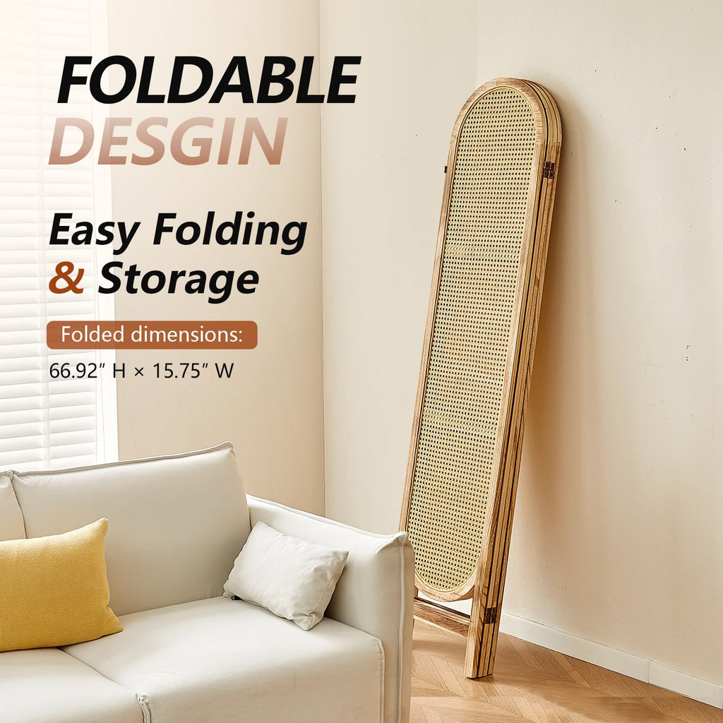 4 Panel Rattan Room Divider Screen, Boho Folding Privacy Screen