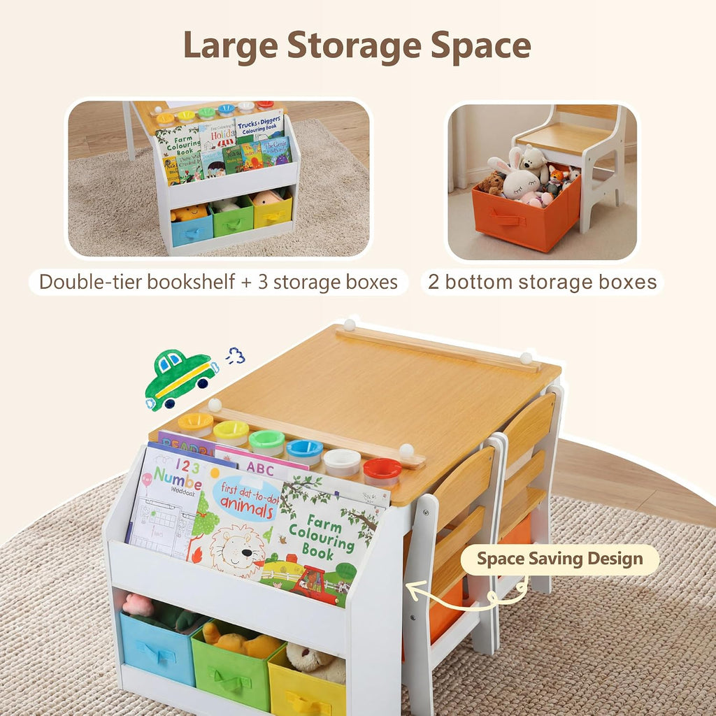 Kids Art Table & 2 Chairs Set, Bookshelf, Natural & White