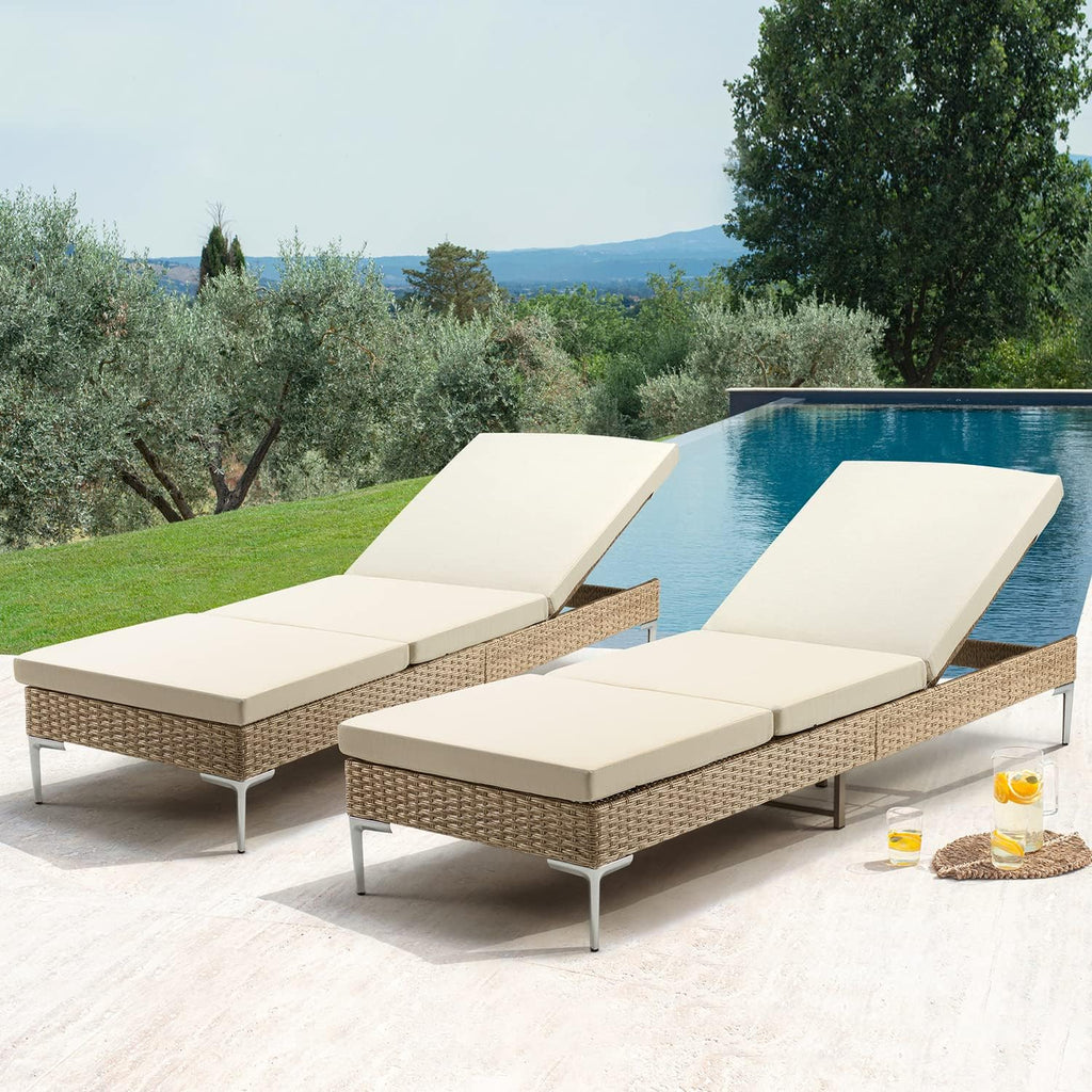 Outdoor Chaise Lounge Chair Set of 2, Patio Wicker Lounge Chairs with Adjustable Backrest
