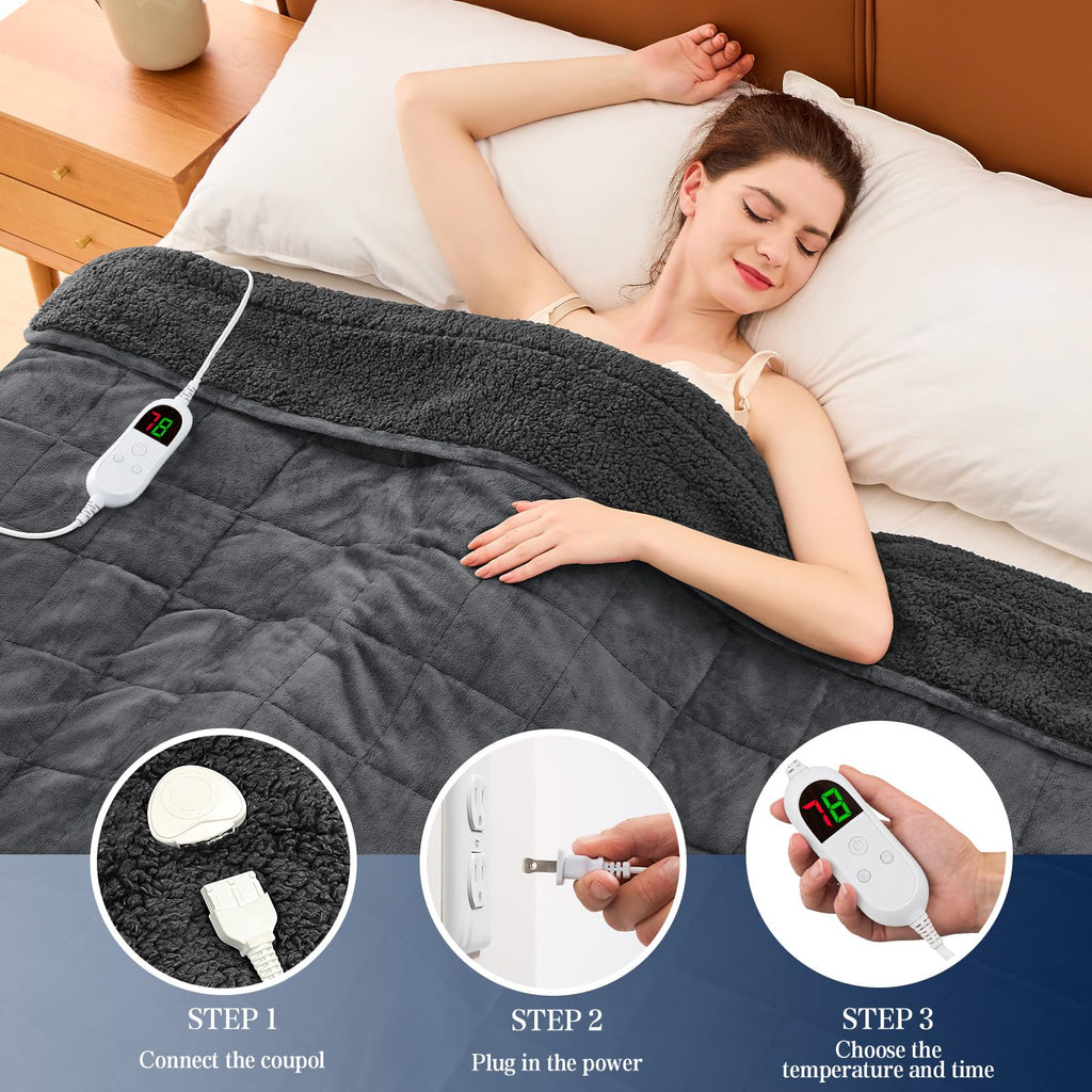 Heated Weighted Blanket for Adults - Sherpa Fleece Electric Throw Blanket (50"x60", 13lbs, Grey) - Thick Soft Warming