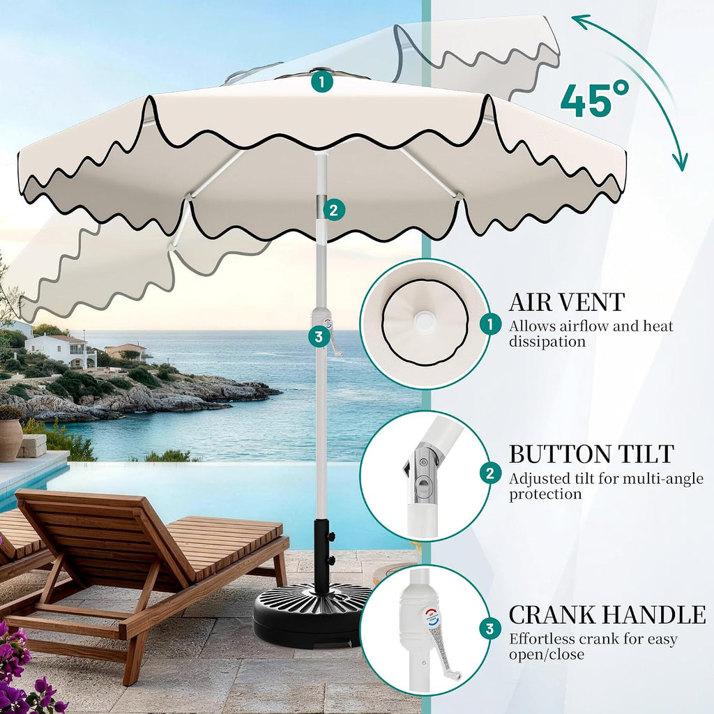 Patio Umbrella with Wavy Trim, UV-Fade-Resistant Canopy, Crank & Tilt - White 9ft