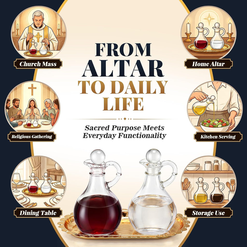 Catholic Church Oil & Vinegar Bottle Dispensers Glass Cruet Set with Tray - Set of 2