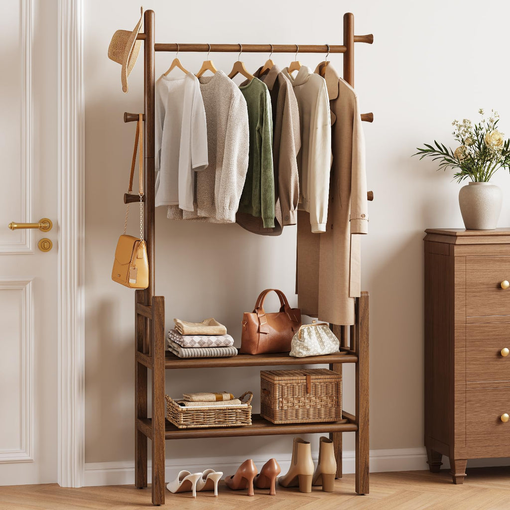 Solid Wood Clothing Rack with Shelves - Coat Rack Freestanding with 6 Hooks Load 450 Lbs, 3-in-1 Hall Tree for