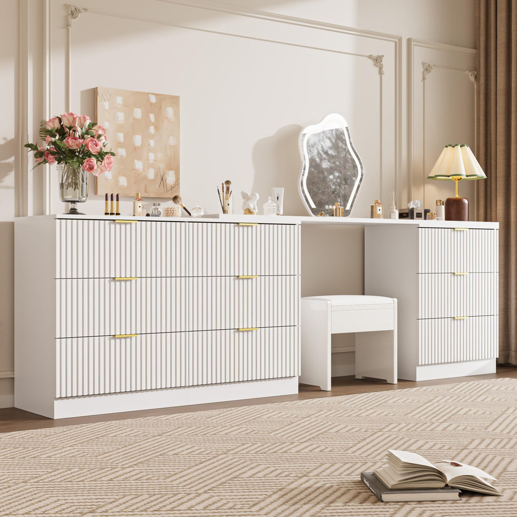 L-Shaped Rotatable 9 Drawer Dresser, 71" Wide Deformable White Dresser with Gold Metal Handles, Modern Fluted Chest