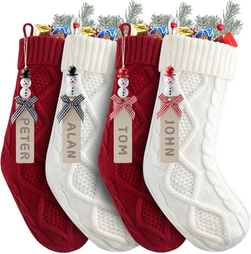Inches Hanging Stockings with DIY Snowman Name Tags, 4 Pack Large Size Knitted Stockings for Mantels, Christmas - Set of 4