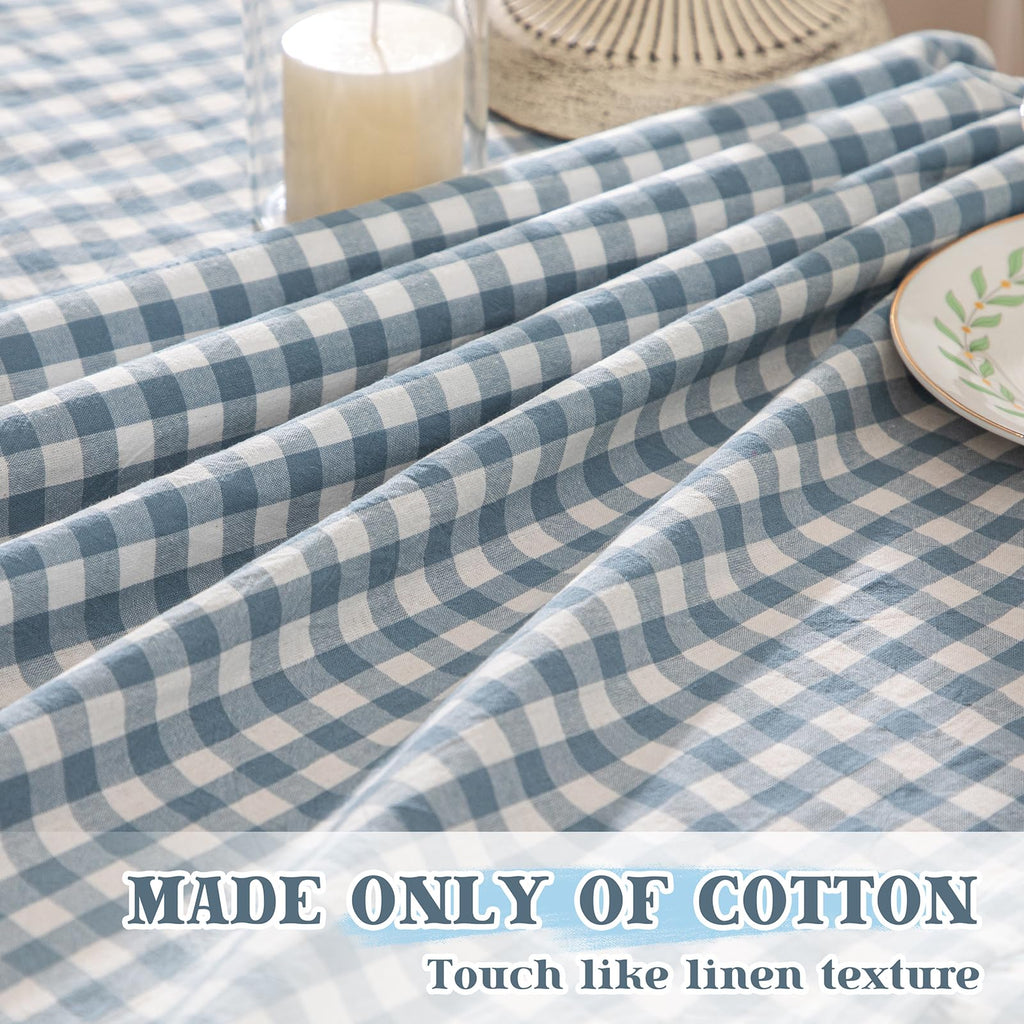 Dusty Blue Gingham Tablecloth 52 x 70 Inch, Cotton Plaid Tablecloth
