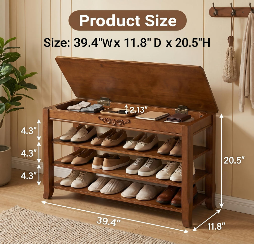 Shoe Rack Bench with Storage 3 Tier Solid Wood Entryway Shoe Rack 39.4"