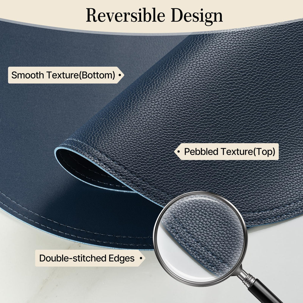 Navy Faux Leather Round Placemats and Coasters, Coffee Mats Kitchen Table Mats, Waterproof, Easy to Clean for Round