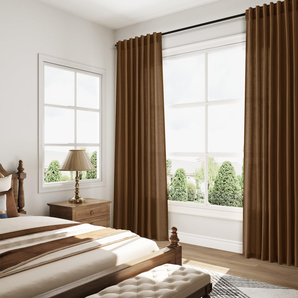 Tobacco Brown Linen Curtains 120 Inch Extra Long Back Tab Light Filtering Semi Sheer Drapes Modern Farmhouse Decor