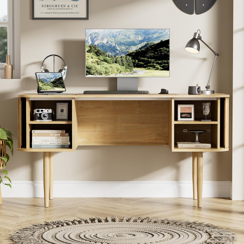 55" Modern Writing Desk, Wood Home Office Desk, Natural