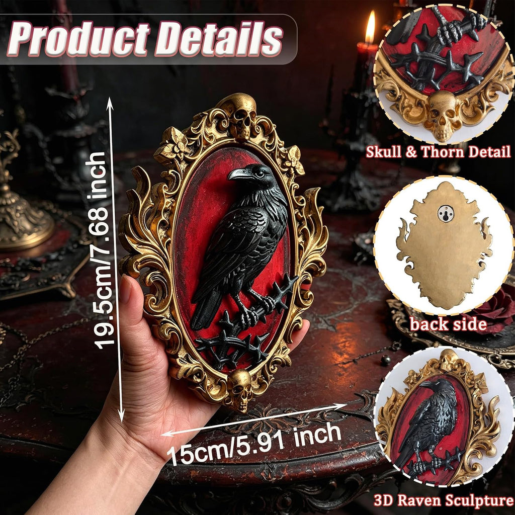 Gothic Raven Resin Wall Sculpture, 3D Crow Wall Decor with Gold Skull Frame