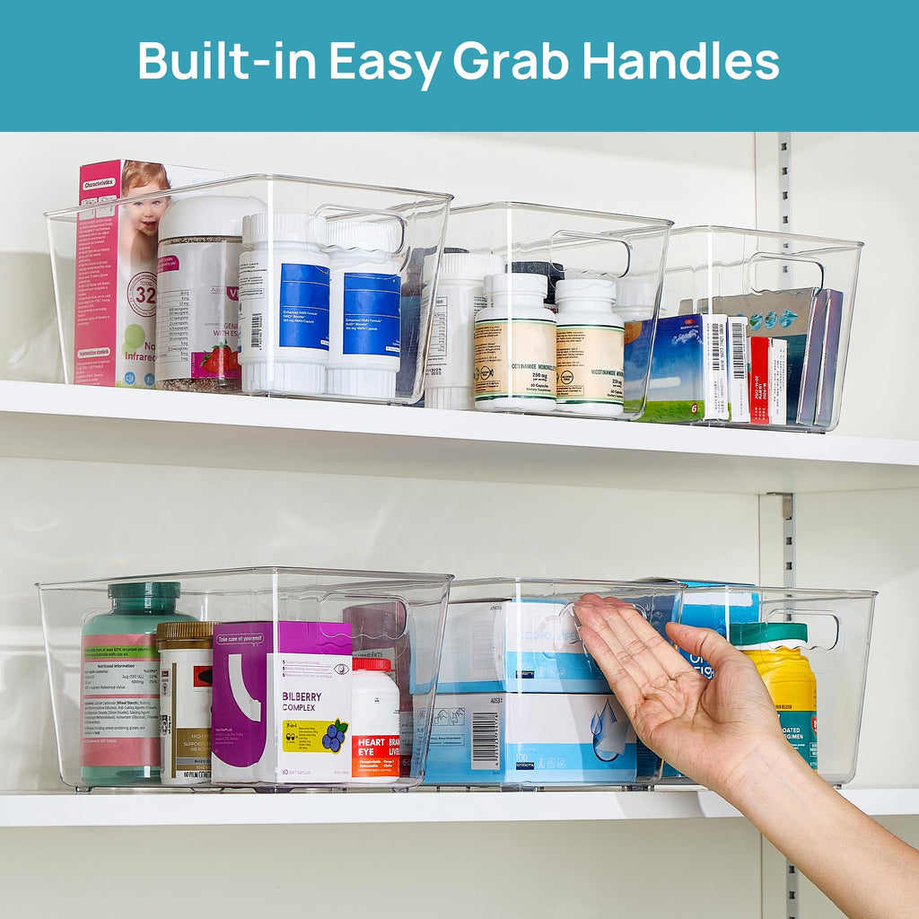6 Pack Clear Storage Bins, Pantry Cabinet Organizer Bins, Medium