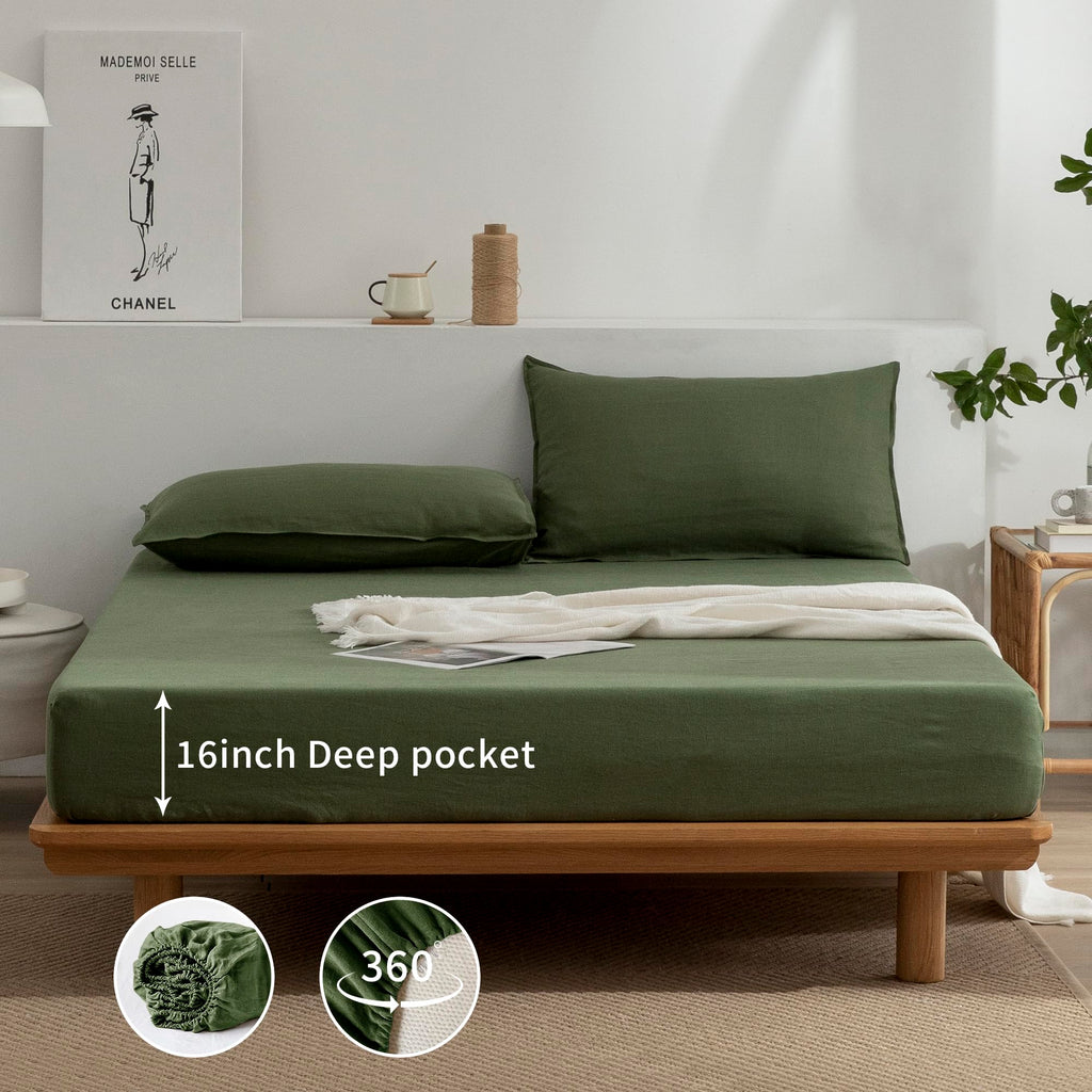 Linen Sheets Set, 100% Stonewashed French Linen Bed Sheets Deep Pocket Sheets, 4 Pieces (1 Flat Sheet, 1 Fitted