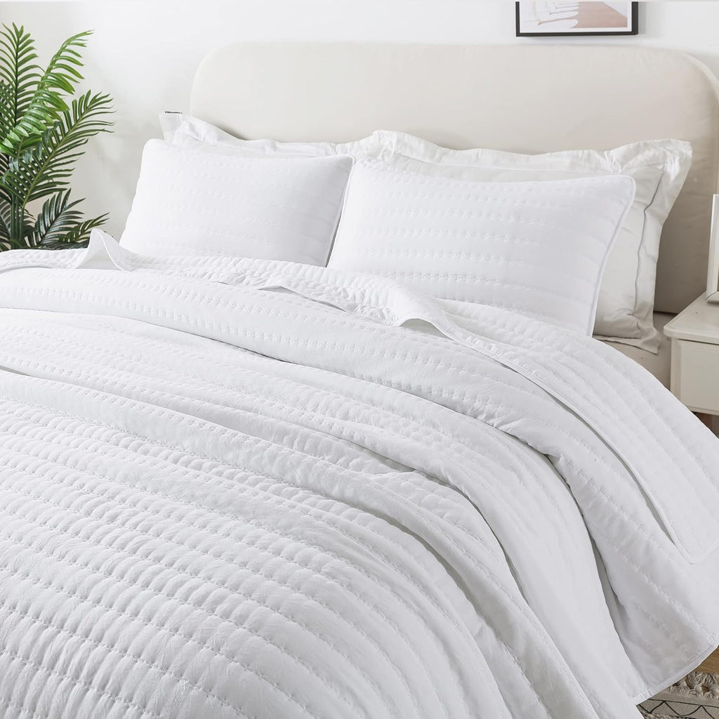 White Queen Quilt Bedding Sets with Pillow Shams, Full Lightweight Soft Bedspread Coverlet, Quilted Blanket Thin