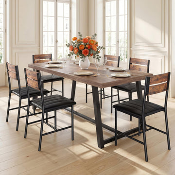 7-Piece Dining Table Set for 6, 71 inch Rectangular Kitchen Table with 6 Upholstered Chairs, Dining Room Table Set